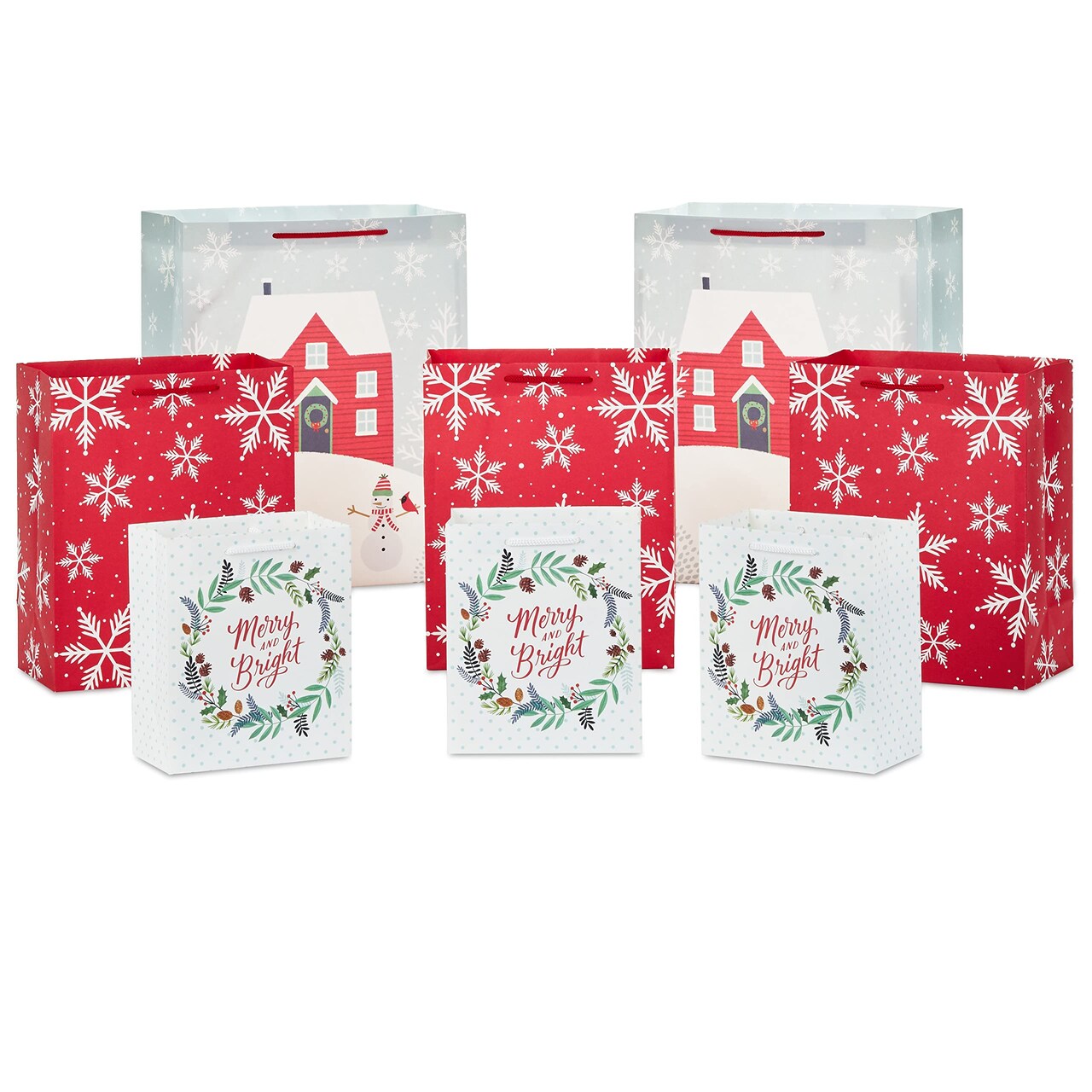 Hallmark Rustic Christmas Gift Bag Assortment (8 Bags: 3 Small 6", 3 Medium 9", 2 Large 13") Gray, White and Red, Farmhouse, Snowman, Snowflakes, Merry and Bright Wreath